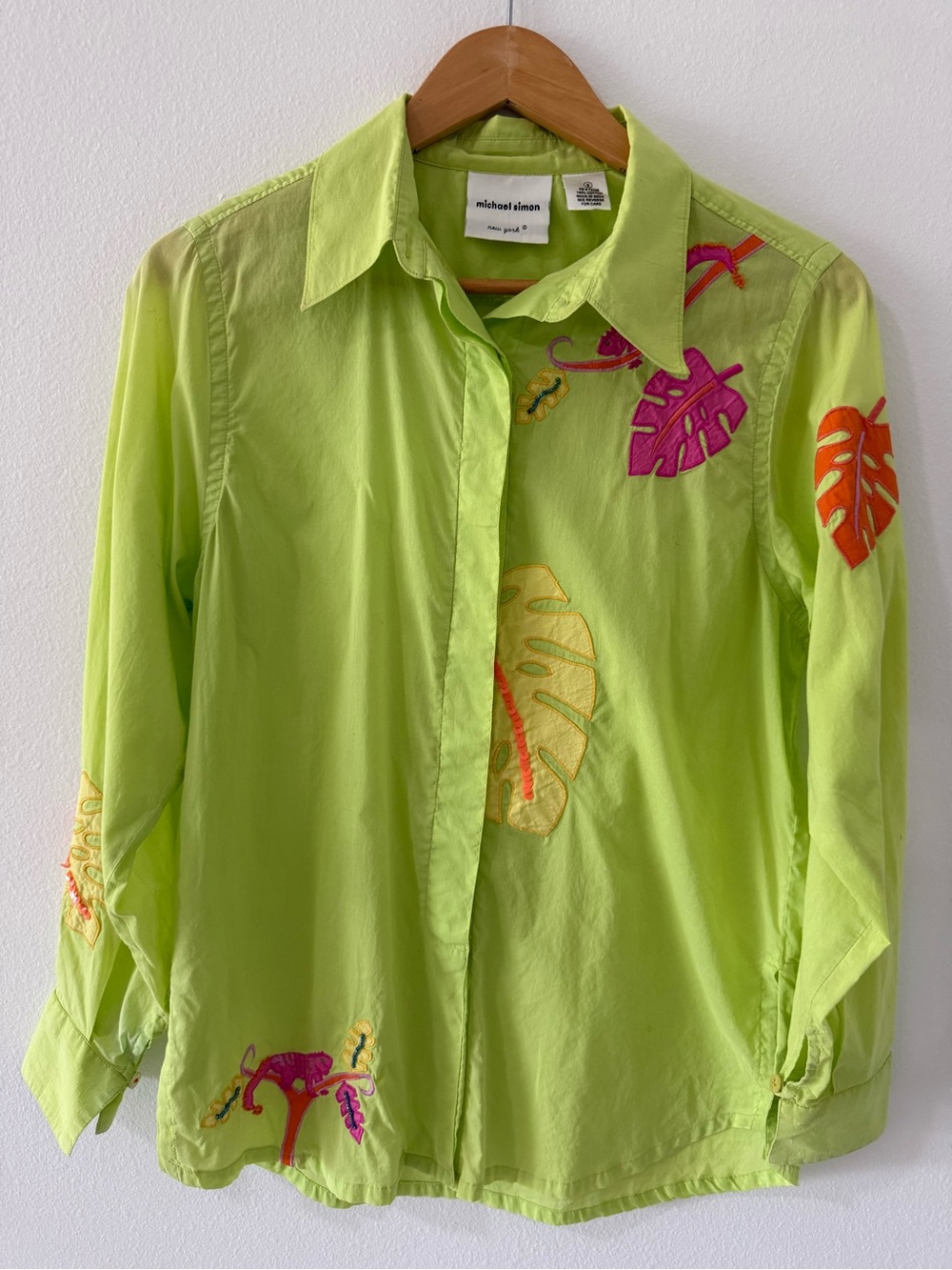 VTG Michael Simon Lime Green Cotton Button Beaded Lizard S Dopamine Resort Neon